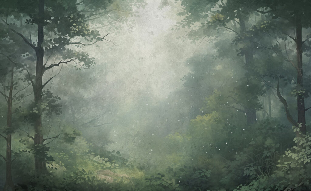 Nebliger Wald mit Bäumen und Pflanzen Nebliger Wald mit Bäumen und Pflanzen
