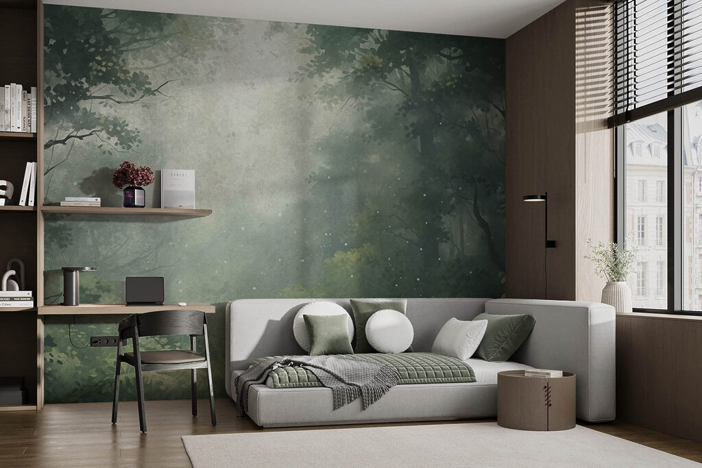 Foggy forest with trees and plants