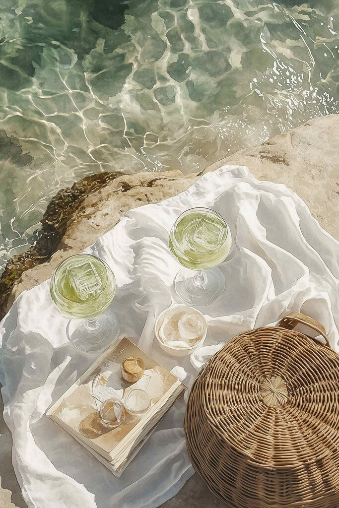 Picnic basket and glasses of wine on a rock by water