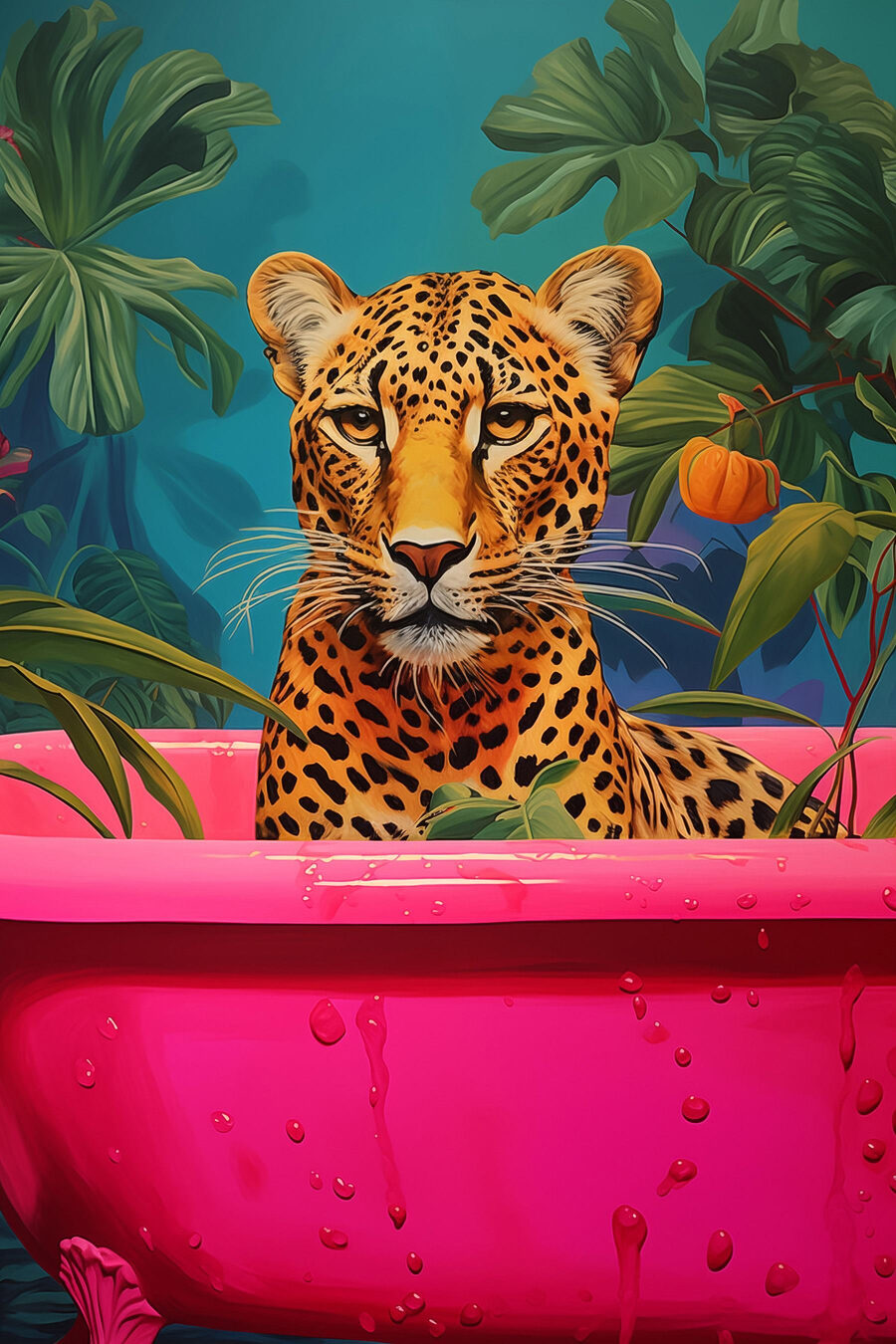 Gepard in einer rosa Wanne mit Pflanzen