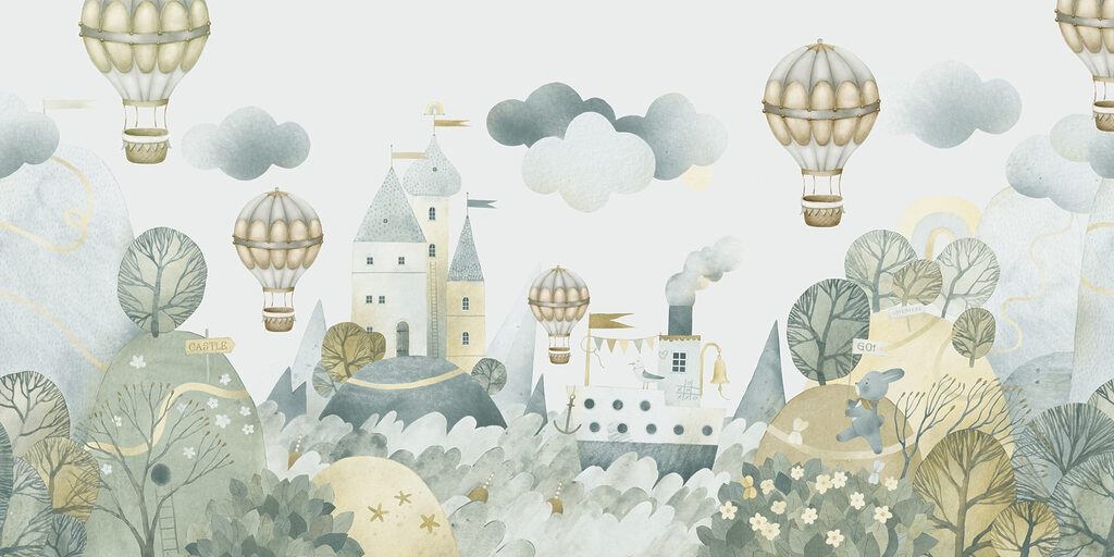 Aquarellmalerei eines Schlosses und Heißluftballons Aquarellmalerei eines Schlosses und Heißluftballons