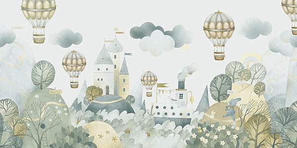 Aquarellmalerei eines Schlosses und Heißluftballons Aquarellmalerei eines Schlosses und Heißluftballons
