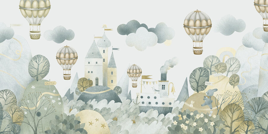 Aquarellmalerei eines Schlosses und Heißluftballons Aquarellmalerei eines Schlosses und Heißluftballons