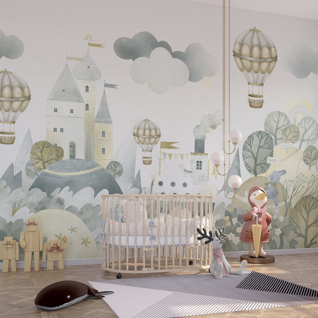 Watercolor painting of a castle and hot air balloons Watercolor painting of a castle and hot air balloons