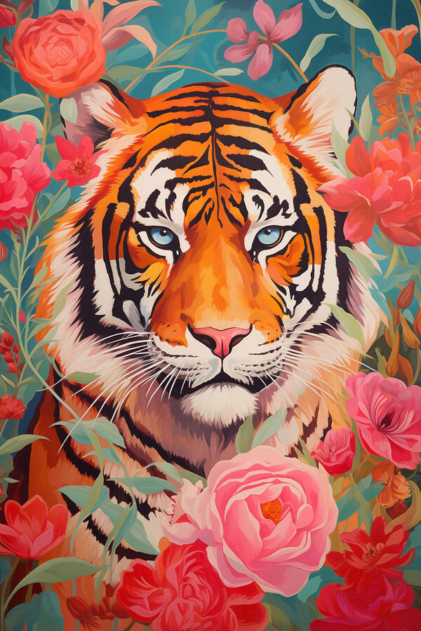 Painting of a tiger surrounded by flowers Painting of a tiger surrounded by flowers