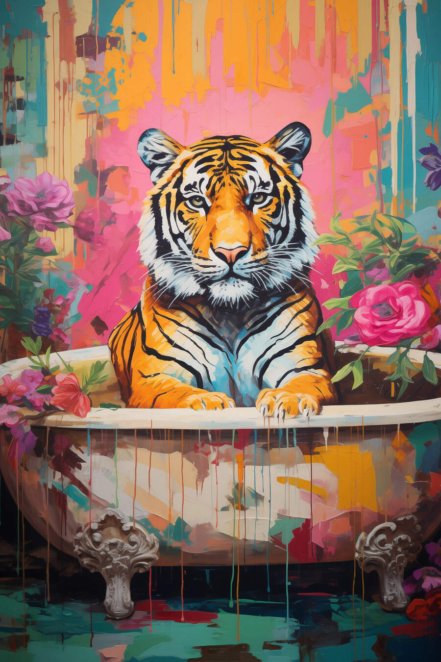 Gemälde eines Tigers in einer geblümten Wanne