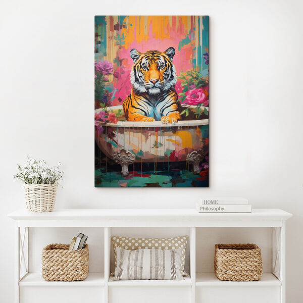 Gemälde eines Tigers in einer geblümten Wanne Gemälde eines Tigers in einer geblümten Wanne