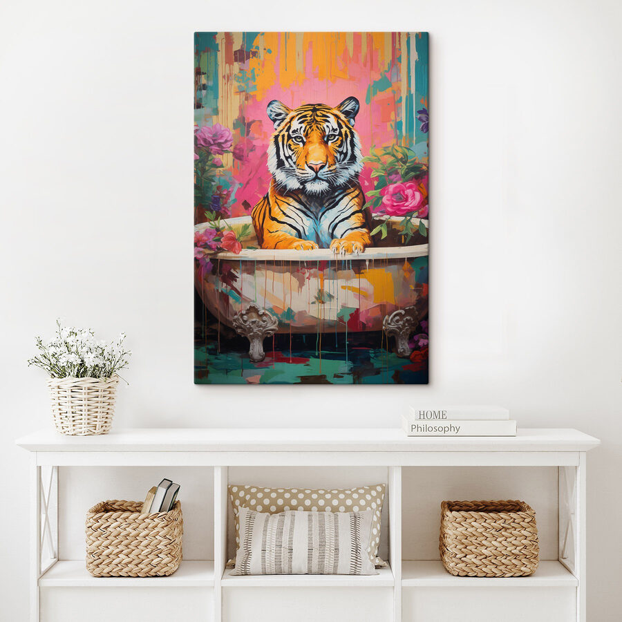 Gemälde eines Tigers in einer geblümten Wanne