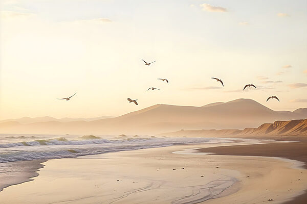 Vögel fliegen über einen Strand Vögel fliegen über einen Strand