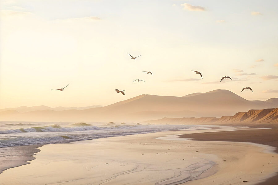 Vögel fliegen über einen Strand