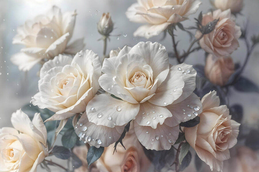 Gruppe von weißen Rosen mit Wassertropfen