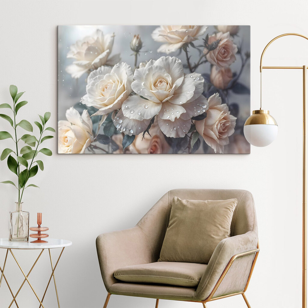 Group of white roses with water drops
