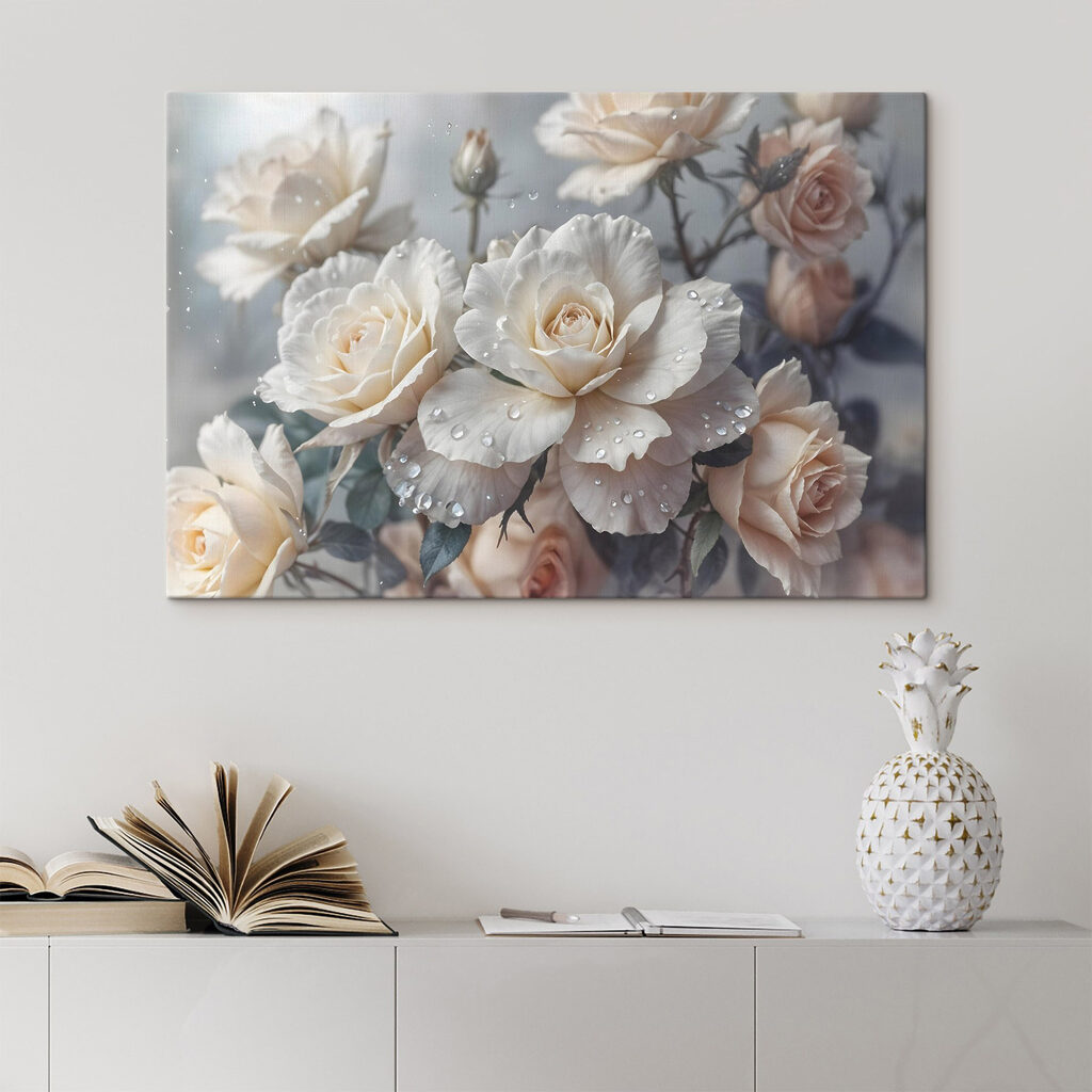 Group of white roses with water drops