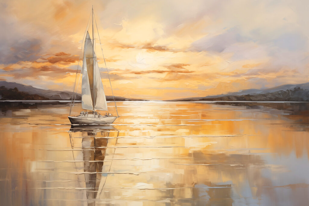 Painting of a sailboat on a calm lake