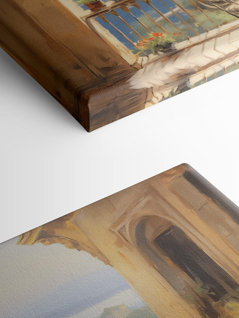 Painting of a balcony overlooking a body of water