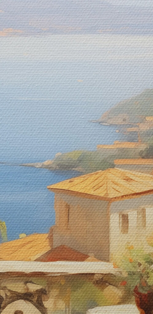 Painting of a balcony overlooking a body of water