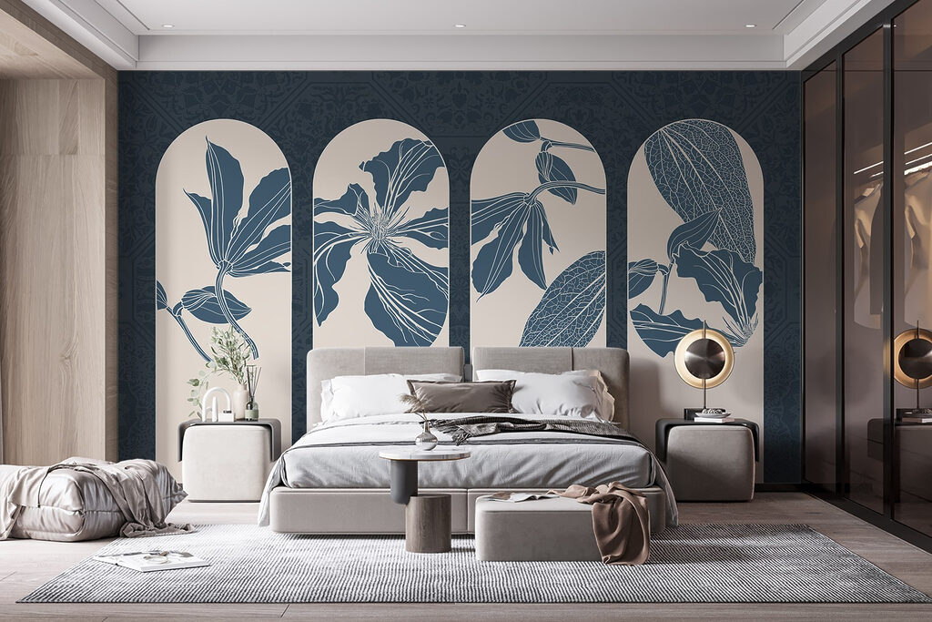 Group of white and blue floral designs Group of white and blue floral designs