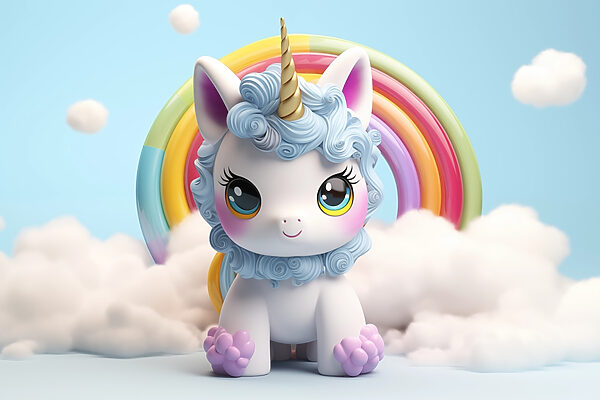 Spielzeug-Einhorn mit einem Regenbogen im Hintergrund Spielzeug-Einhorn mit einem Regenbogen im Hintergrund