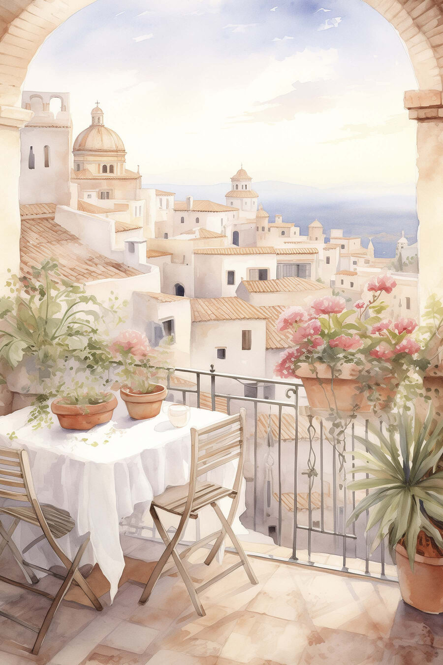 Aquarell von einem Tisch und Stühlen auf einem Balkon mit Blick auf eine Stadt