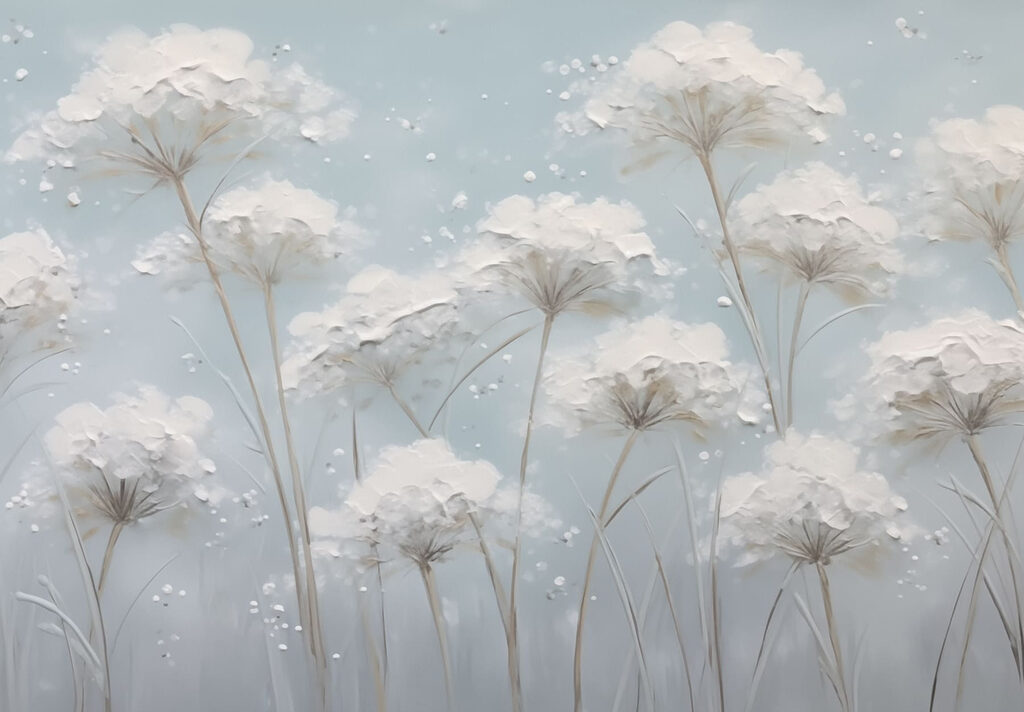 Gemälde mit Blumen auf blauem Hintergrund Gemälde mit Blumen auf blauem Hintergrund