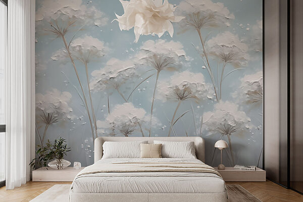 Gemälde mit Blumen auf blauem Hintergrund Gemälde mit Blumen auf blauem Hintergrund