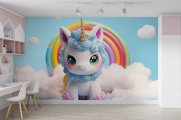 Spielzeug-Einhorn mit einem Regenbogen im Hintergrund Spielzeug-Einhorn mit einem Regenbogen im Hintergrund
