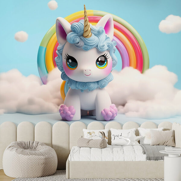 Spielzeug-Einhorn mit einem Regenbogen im Hintergrund Spielzeug-Einhorn mit einem Regenbogen im Hintergrund