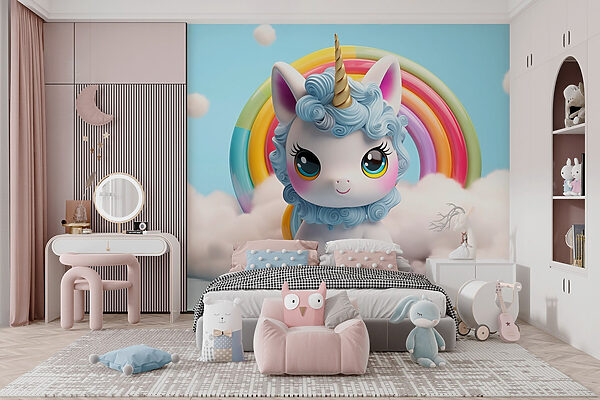 Spielzeug-Einhorn mit einem Regenbogen im Hintergrund Spielzeug-Einhorn mit einem Regenbogen im Hintergrund
