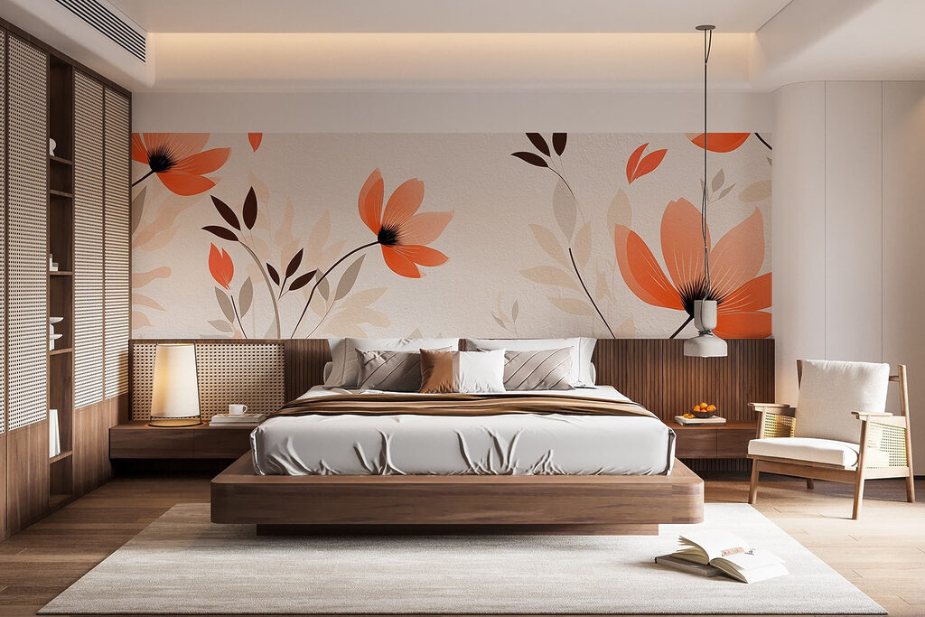 Wallpaper with flowers and leaves