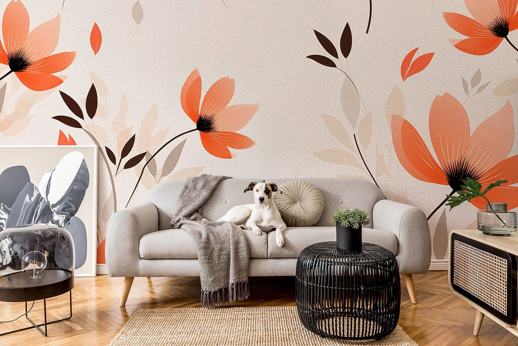Wallpaper with flowers and leaves
