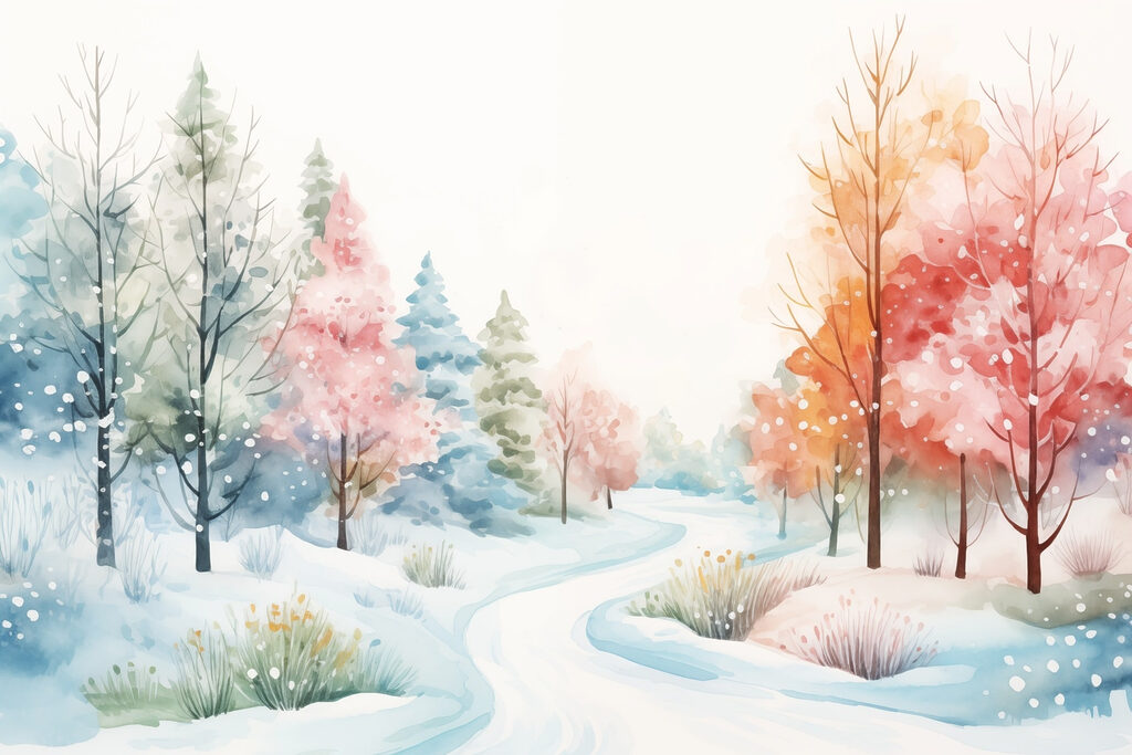 Aquarellbild einer verschneiten Straße mit Bäumen Aquarellbild einer verschneiten Straße mit Bäumen