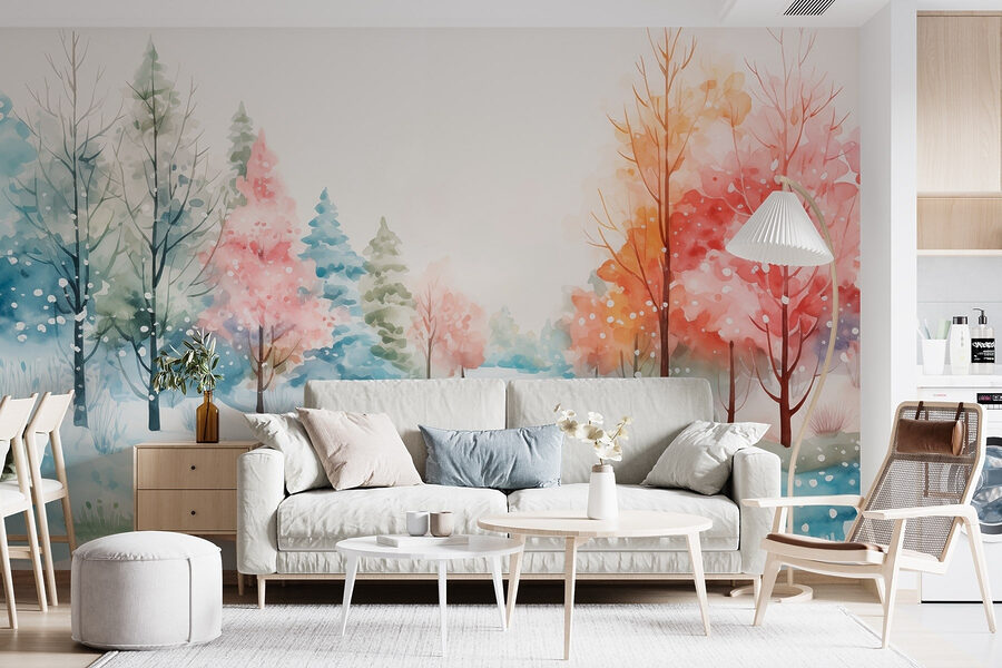 Aquarellbild einer verschneiten Straße mit Bäumen