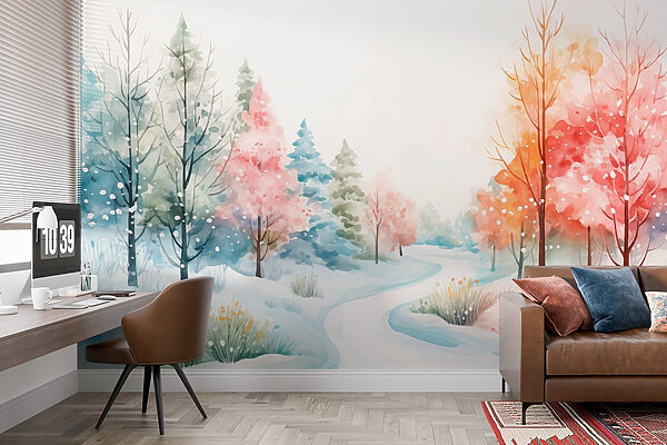 Aquarellbild einer verschneiten Straße mit Bäumen Aquarellbild einer verschneiten Straße mit Bäumen