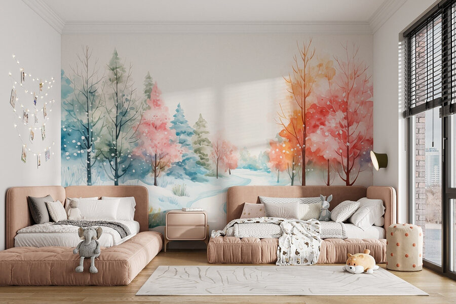 Aquarellbild einer verschneiten Straße mit Bäumen