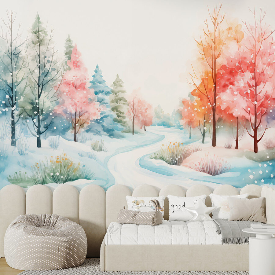 Aquarellbild einer verschneiten Straße mit Bäumen