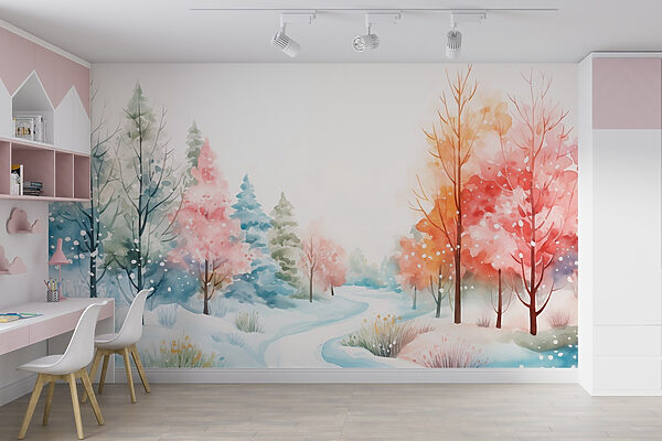 Aquarellbild einer verschneiten Straße mit Bäumen Aquarellbild einer verschneiten Straße mit Bäumen