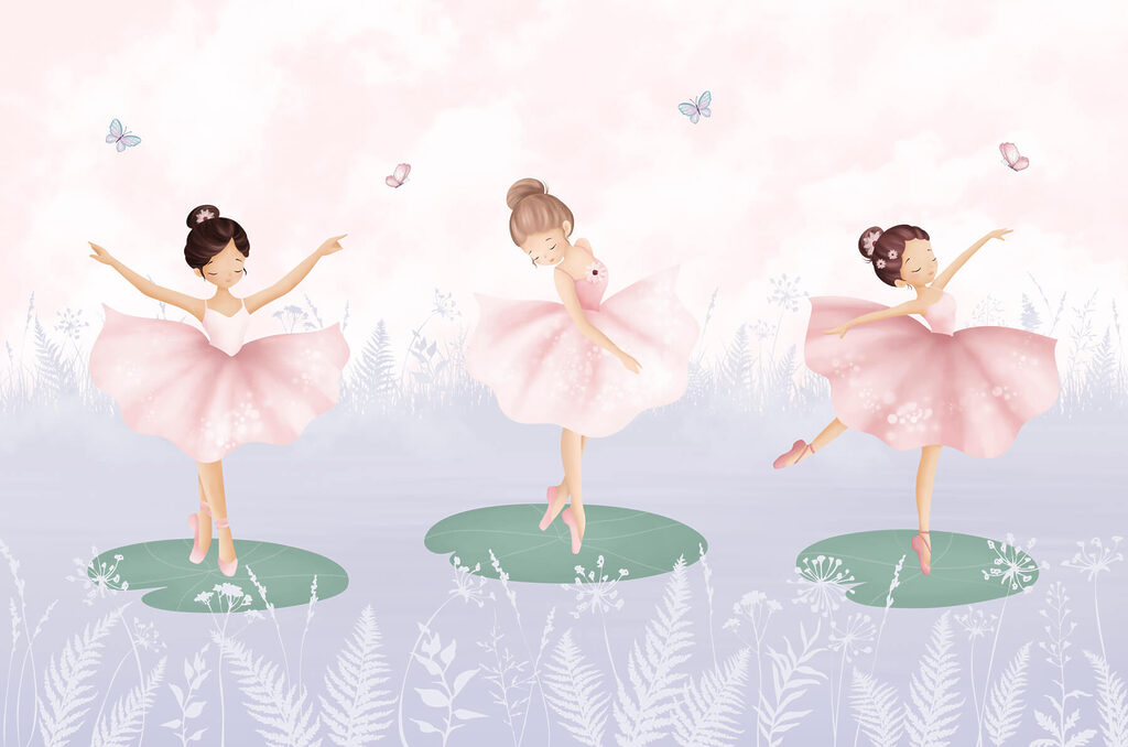 Gruppe von Mädchen in Tutu-Röcken tanzen auf Seerosenblättern Gruppe von Mädchen in Tutu-Röcken tanzen auf Seerosenblättern