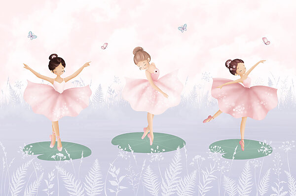 Gruppe von Mädchen in Tutu-Röcken tanzen auf Seerosenblättern Gruppe von Mädchen in Tutu-Röcken tanzen auf Seerosenblättern