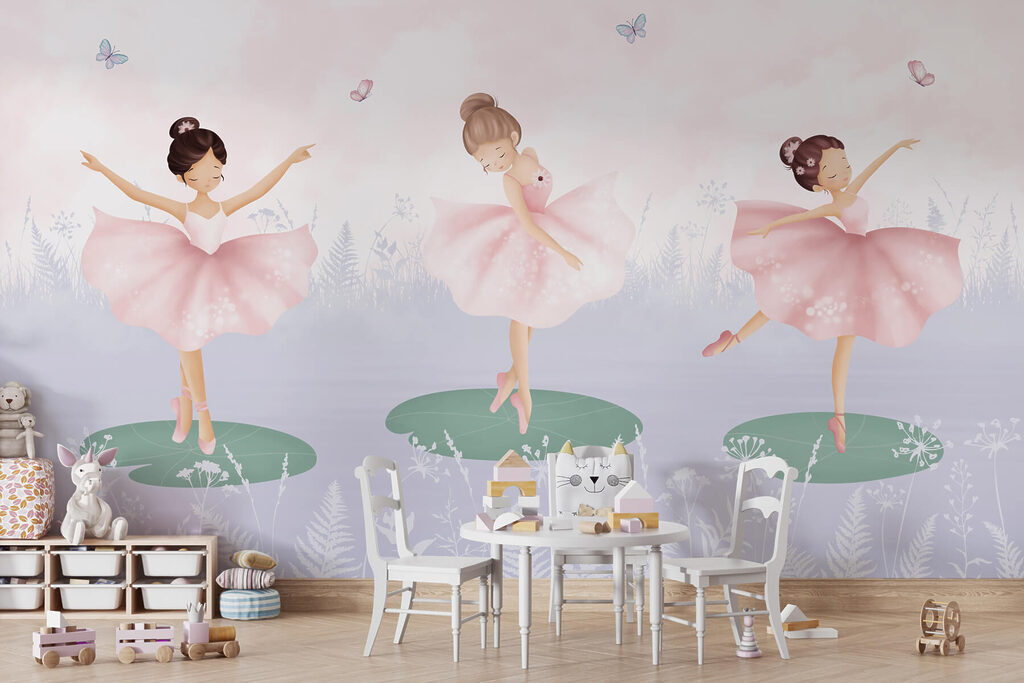 Group of girls in tutu skirts dancing on lily pads