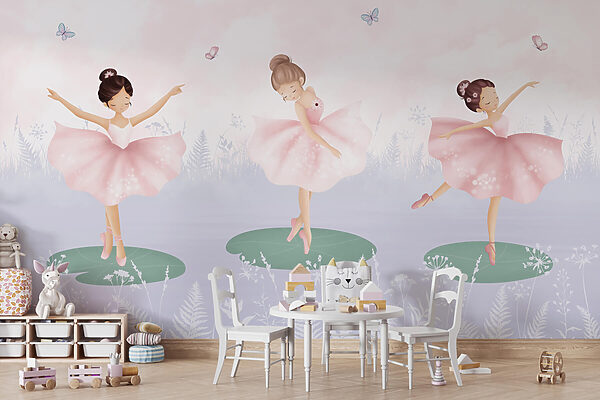 Gruppe von Mädchen in Tutu-Röcken tanzen auf Seerosenblättern Gruppe von Mädchen in Tutu-Röcken tanzen auf Seerosenblättern