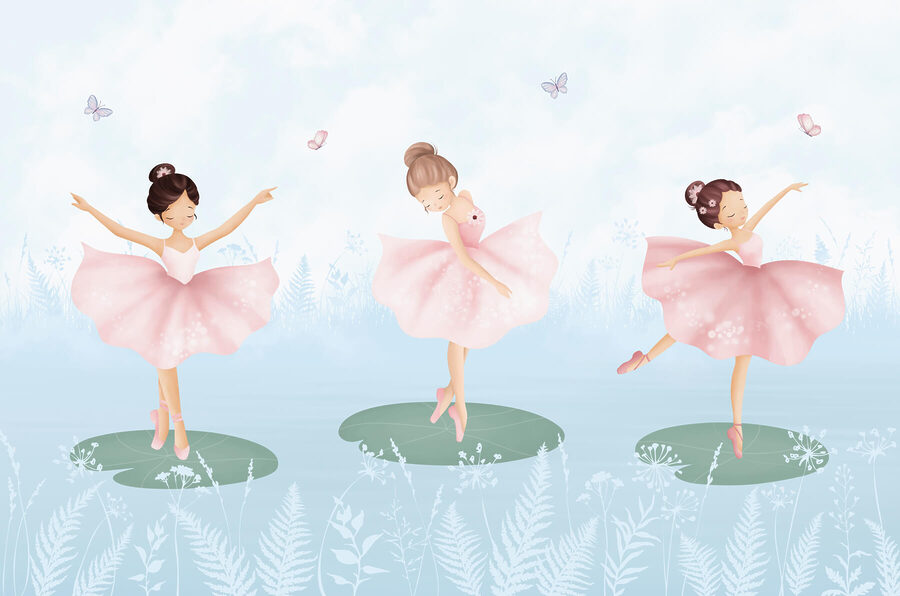 Gruppe von Mädchen in rosa Tutu tanzen auf Seerosenblättern