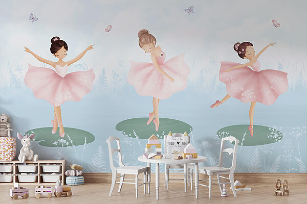 Group of girls in pink tutu dancing on lily pads Group of girls in pink tutu dancing on lily pads