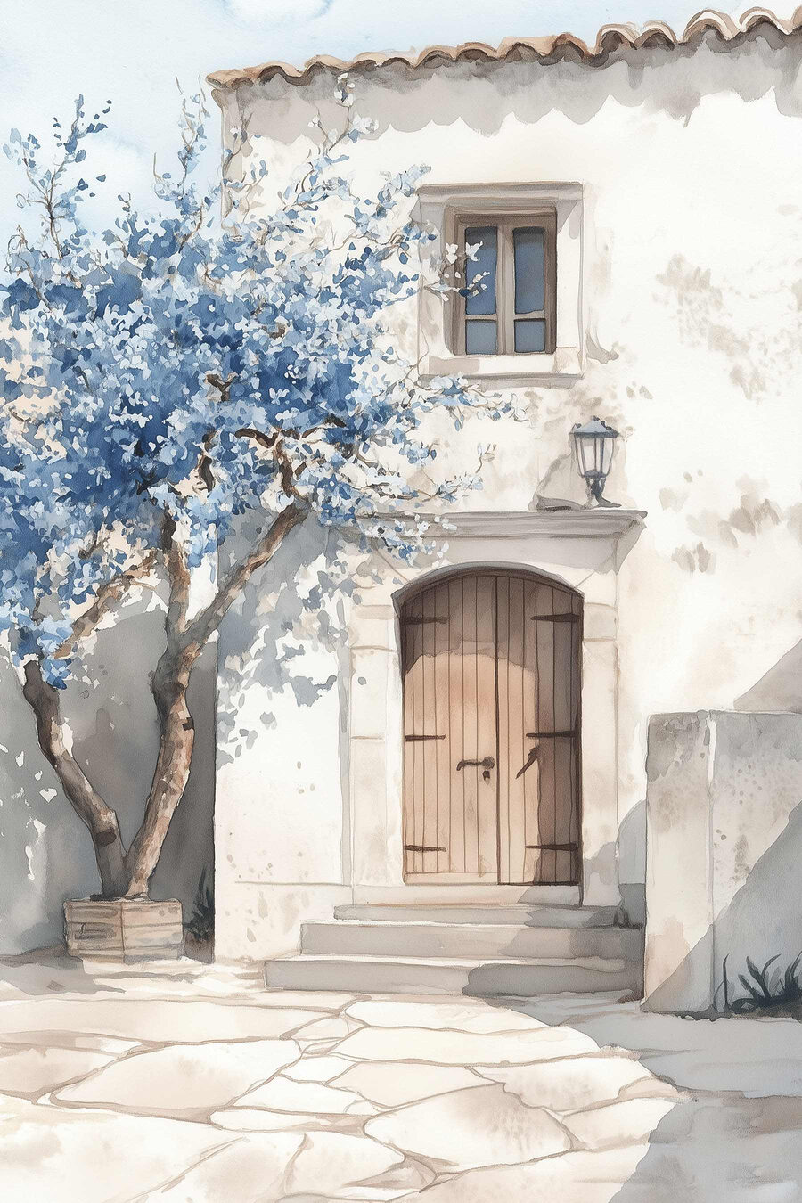 Aquarell eines Hauses mit einem Baum und einer Tür