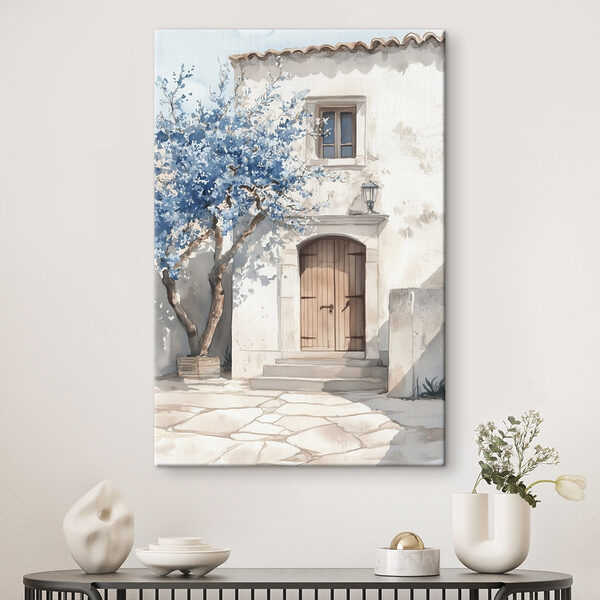 Aquarell eines Hauses mit einem Baum und einer Tür Aquarell eines Hauses mit einem Baum und einer Tür