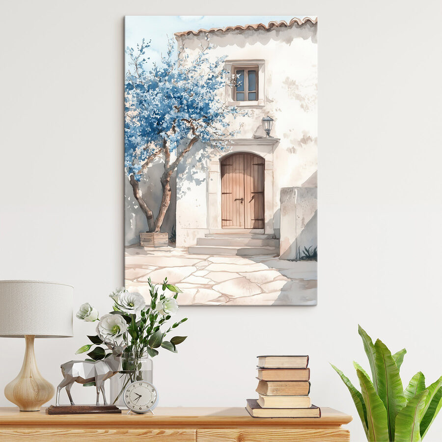 Aquarell eines Hauses mit einem Baum und einer Tür