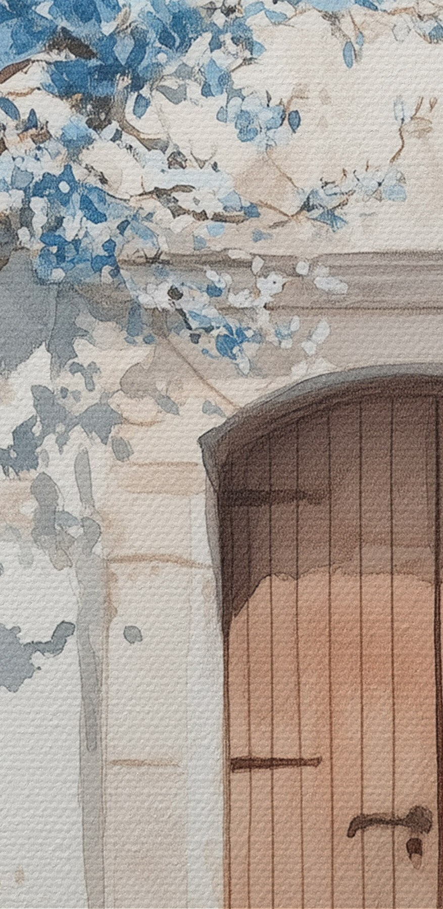 Aquarell eines Hauses mit einem Baum und einer Tür