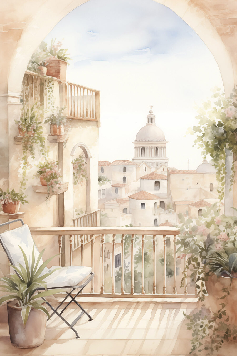 Aquarellmalerei eines Balkons mit Blick auf eine Stadt
