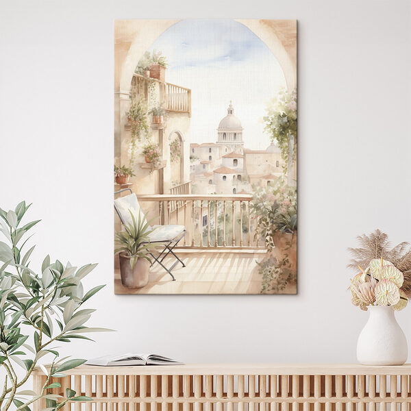 Aquarellmalerei eines Balkons mit Blick auf eine Stadt Aquarellmalerei eines Balkons mit Blick auf eine Stadt