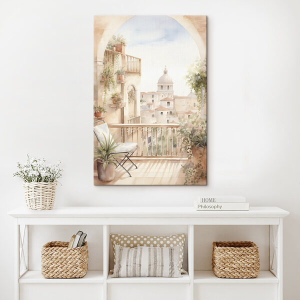 Aquarellmalerei eines Balkons mit Blick auf eine Stadt Aquarellmalerei eines Balkons mit Blick auf eine Stadt