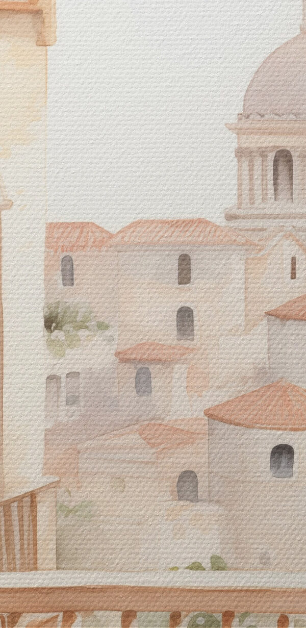 Aquarellmalerei eines Balkons mit Blick auf eine Stadt Aquarellmalerei eines Balkons mit Blick auf eine Stadt